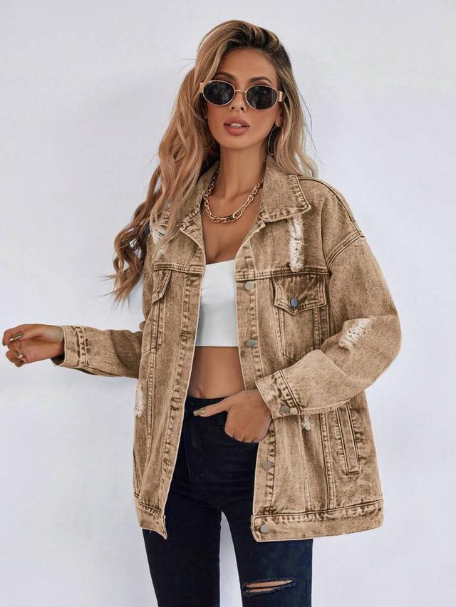 distressed tan denim trucker jacket