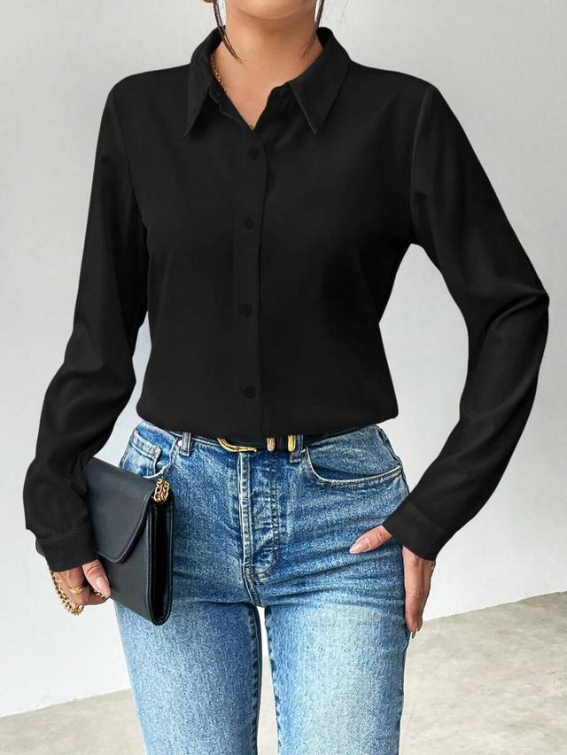 solid black button front long sleeve shirt