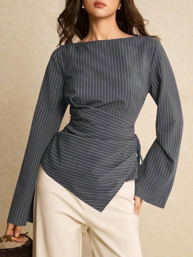 dark gray pinstripe long sleeve wrap blouse