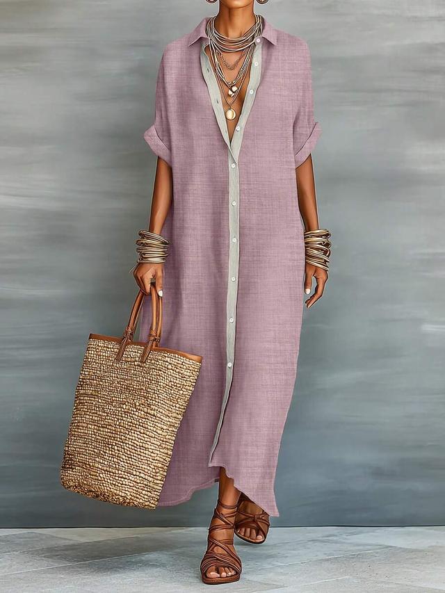 loose turndown collar short sleeve cardigan dress