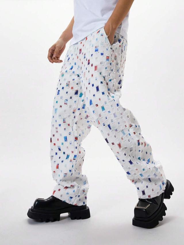 baggy white straight leg denim pants with colorful patches