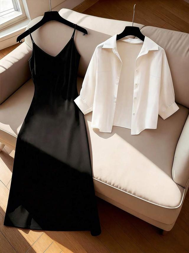 black casual commuter solid color shirt and slip dress set