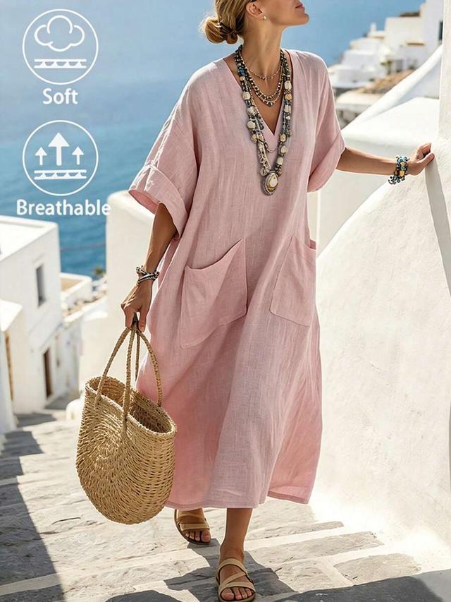selamara women's solid color v-neck half sleeve minimalist casual dress