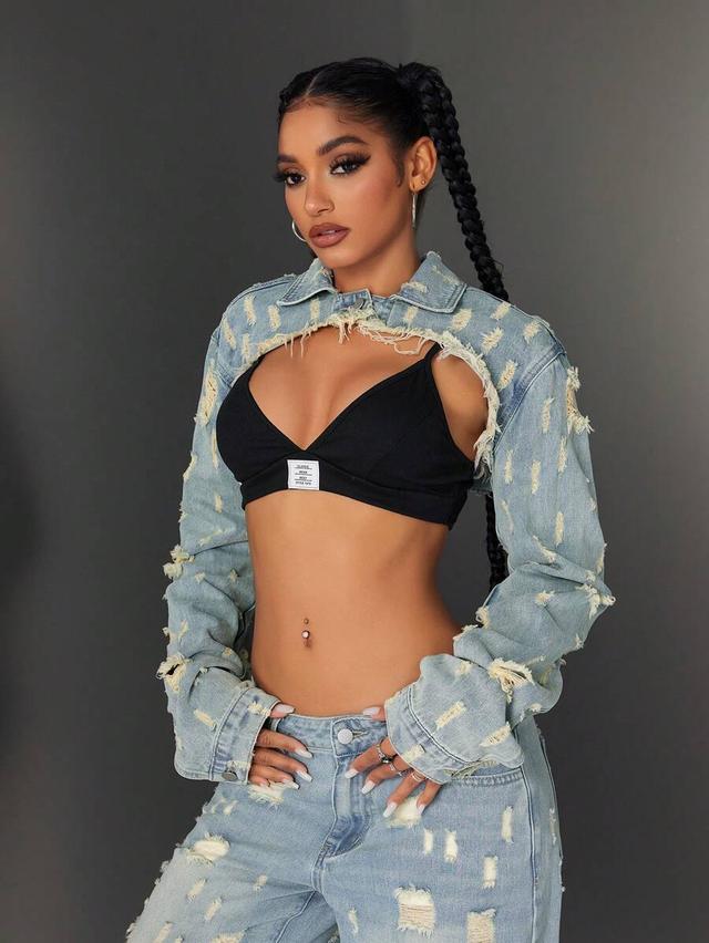 distressed denim super short cropped jacket
