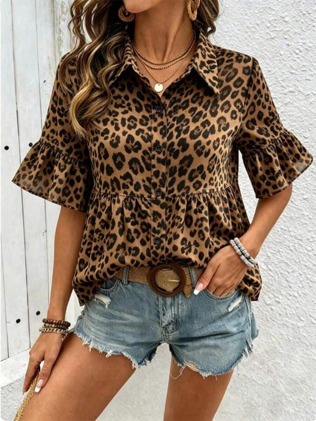 leopard print peplum blouse with flared sleeves
