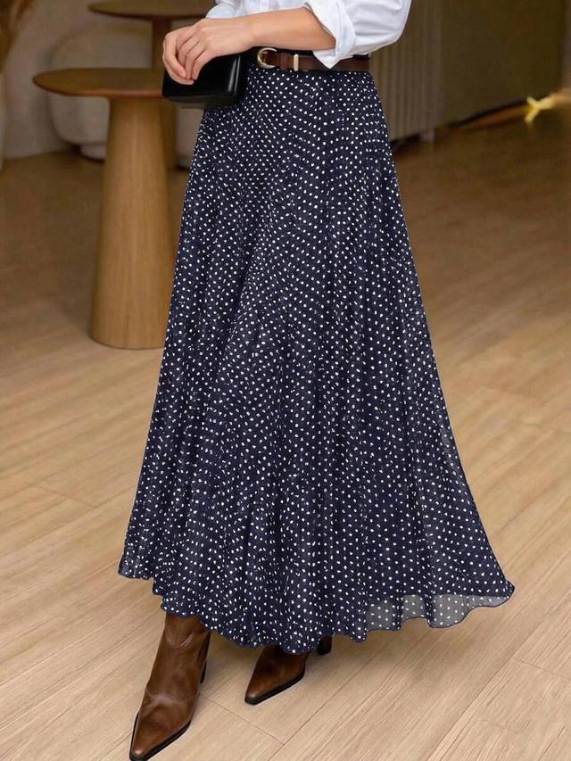 navy blue and white polka dot pleated skirt
