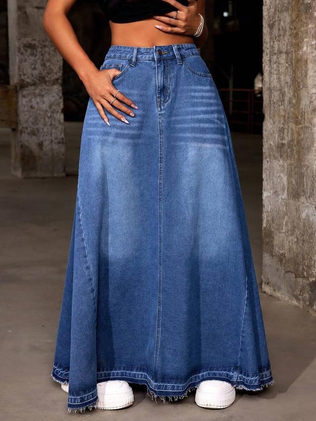 blue denim maxi skirt with raw frayed hem