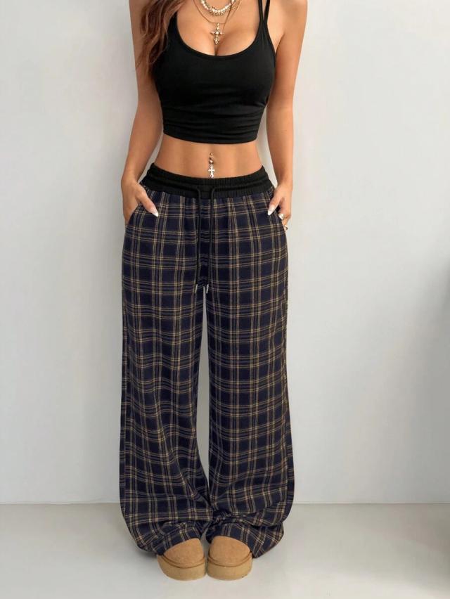 casual loose checked wide leg pants