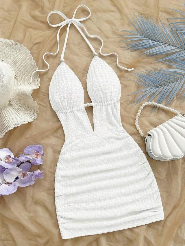 white ruched halter mini dress with bead detail