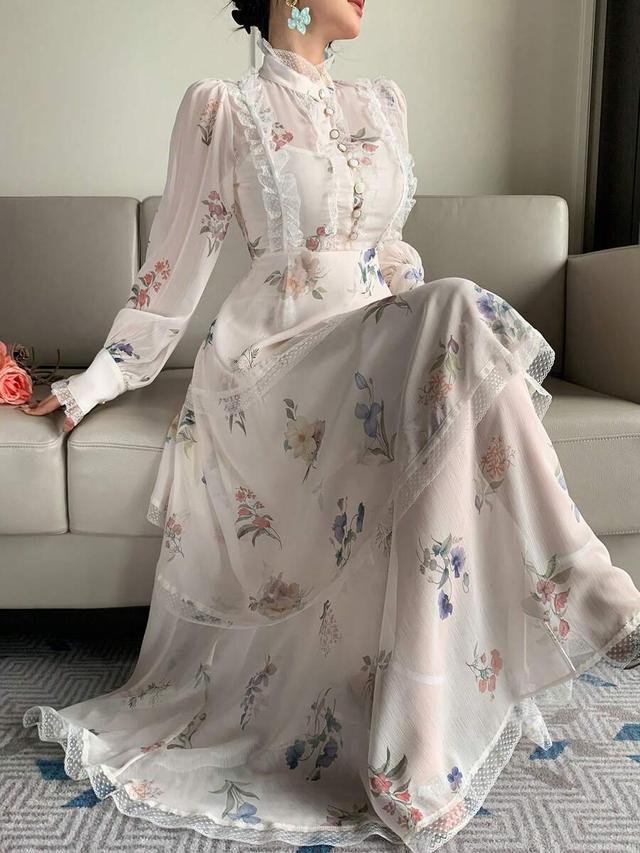 dazy women's mandarin collar floral print waist cinched elegant dress