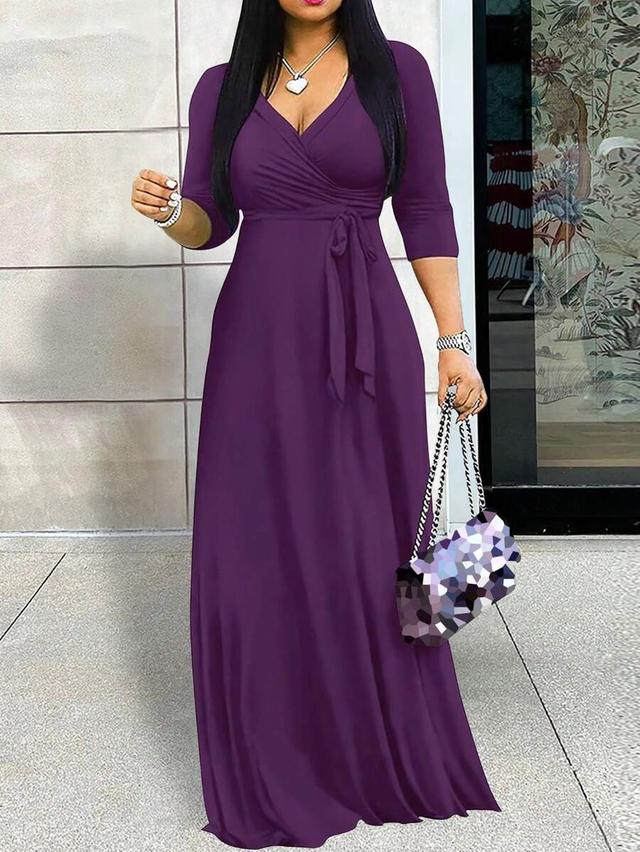 women's purple v-neck cinched waist slim fit dress