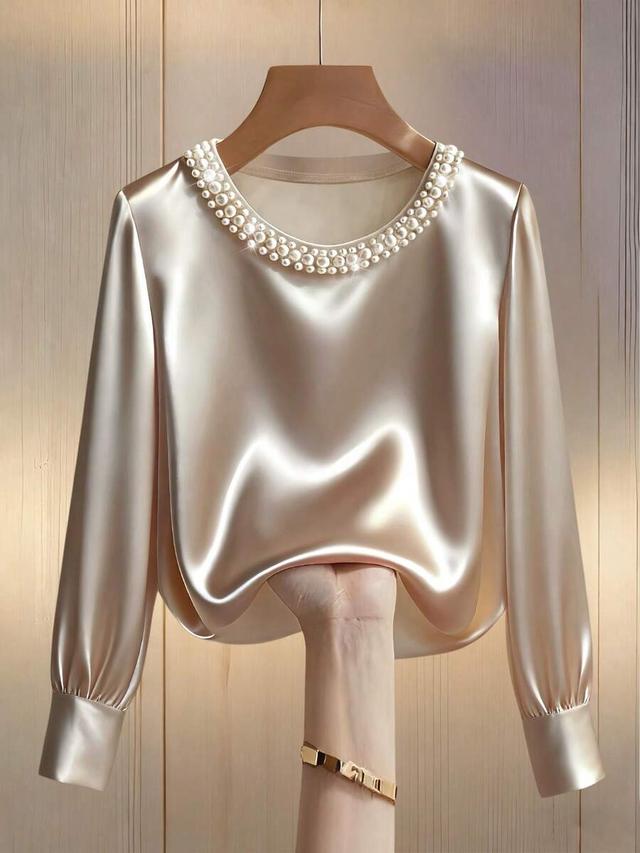 champagne satin long sleeve blouse with pearl neckline