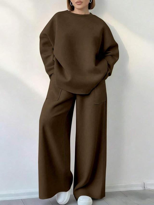 solid brown crew neck sweatshirt and wide leg pants