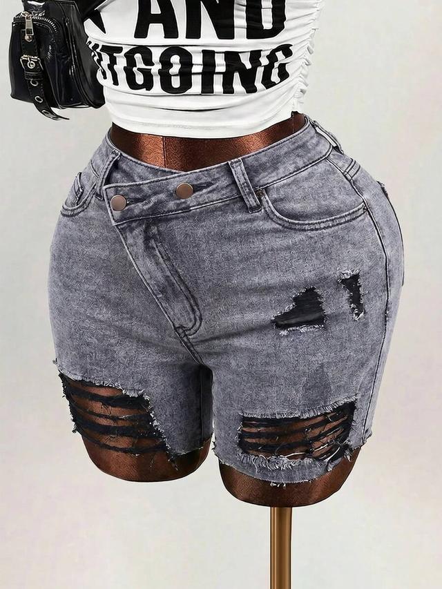 gray distressed denim shorts with asymmetric button closure