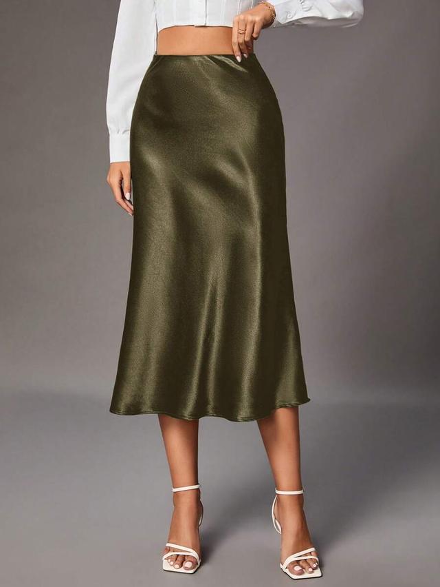 olive green minimalist satin a-line midi skirt