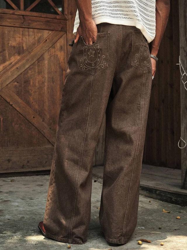 axepeak brown washed denim jeans with horseshoe embroidery