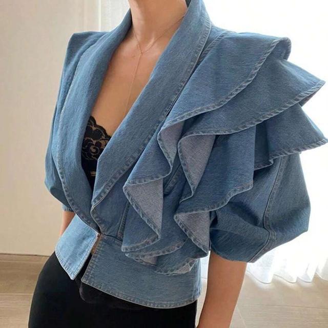 denim ruffle sleeve jacket with structured waist