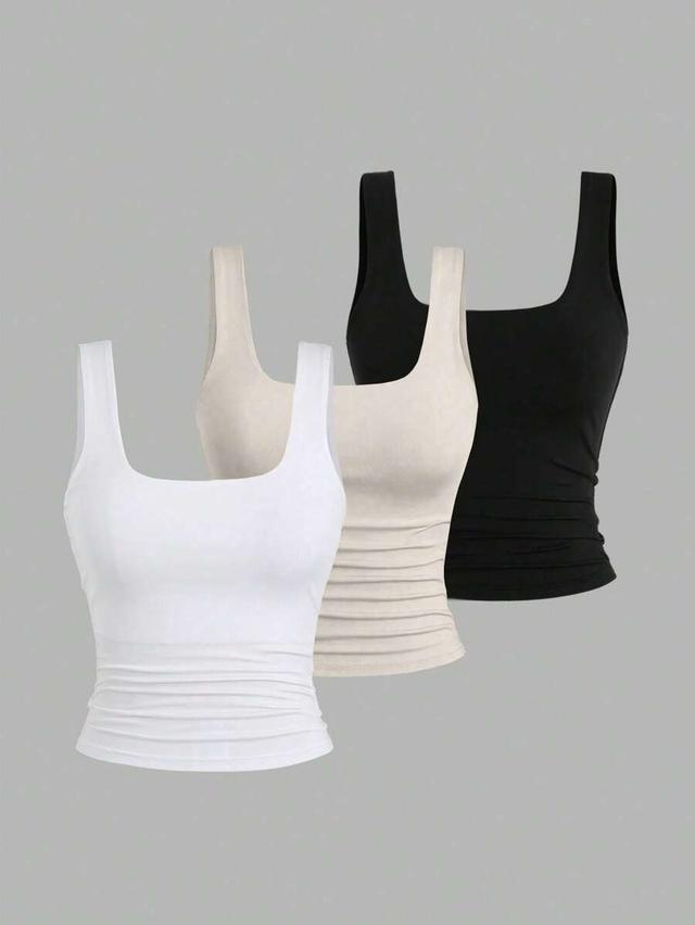 white casual versatile square neck ruched tank top