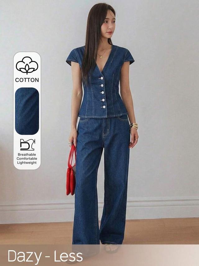 fitted v-neck denim top with contrast stitching