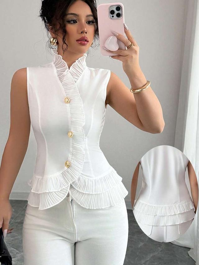 white frill trim buttoned waistcoat camisole blouse