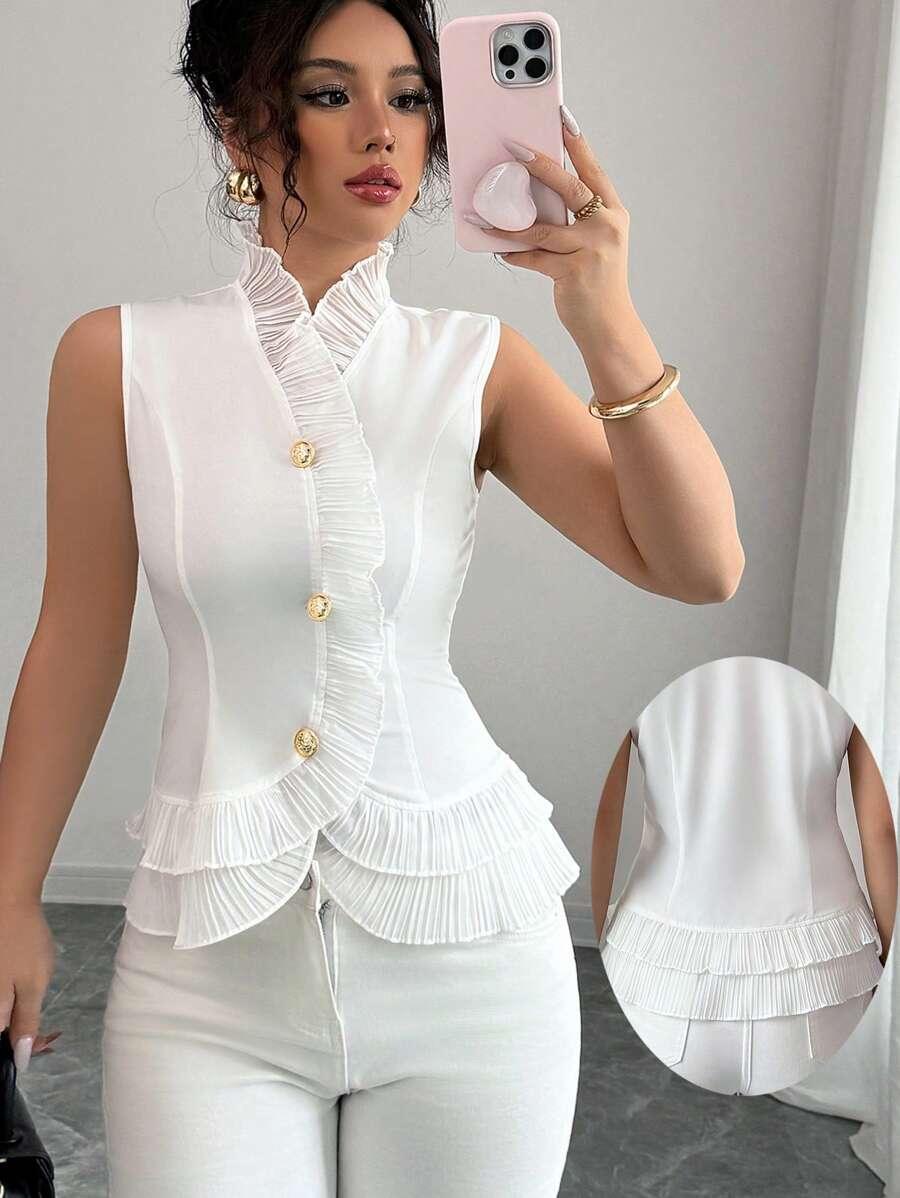 white frill trim buttoned waistcoat camisole blouse