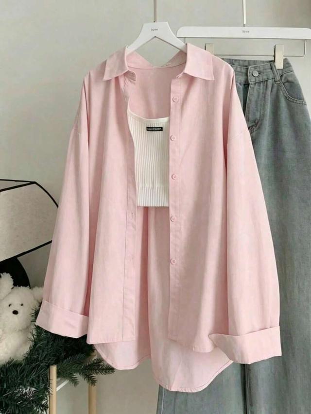 women's solid color casual pink shirt