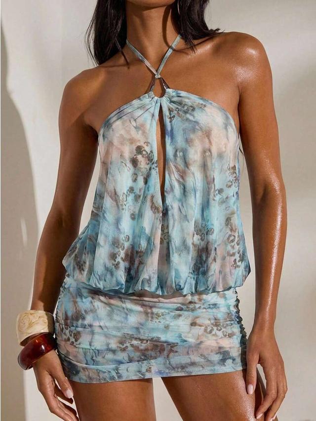 blue abstract print halter neck mini dress