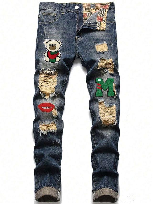 men's vintage casual ripped denim straight leg pants
