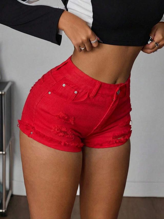 red distressed denim high-waisted shorts