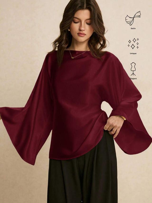 burgundy satin batwing sleeve elegant blouse