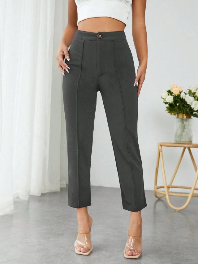 grey high waist black tapered trousers with press crease