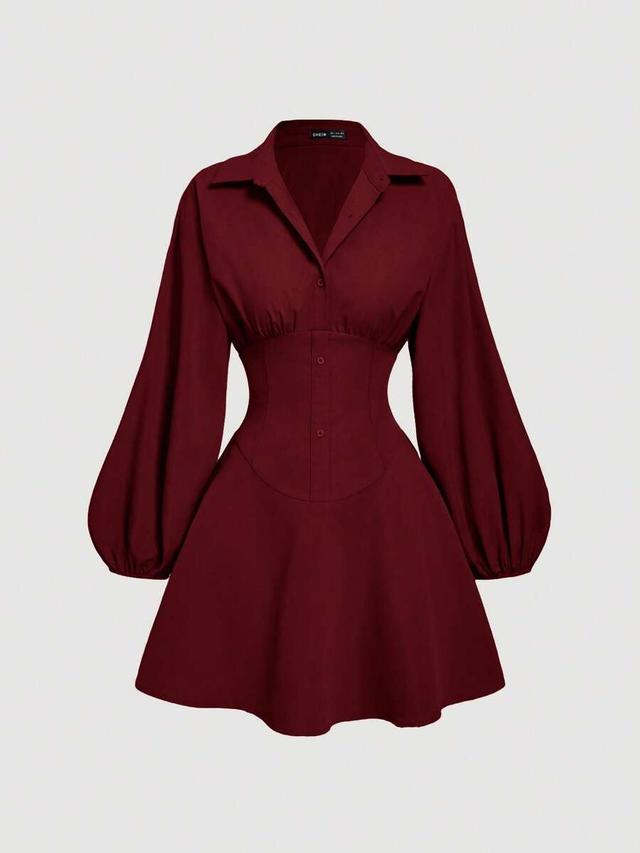 burgundy long sleeve puff sleeve shirt dress