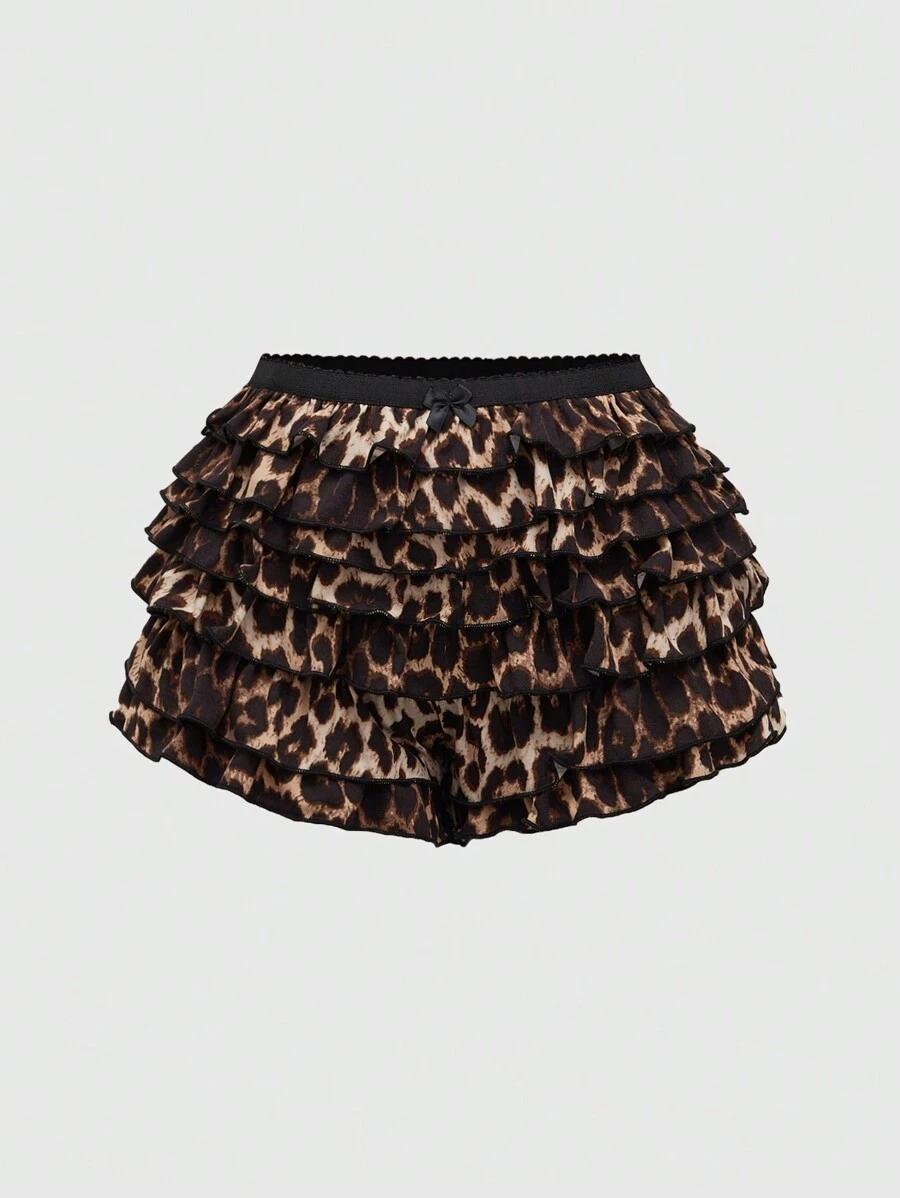 leopard print ruffled layered mini shorts
