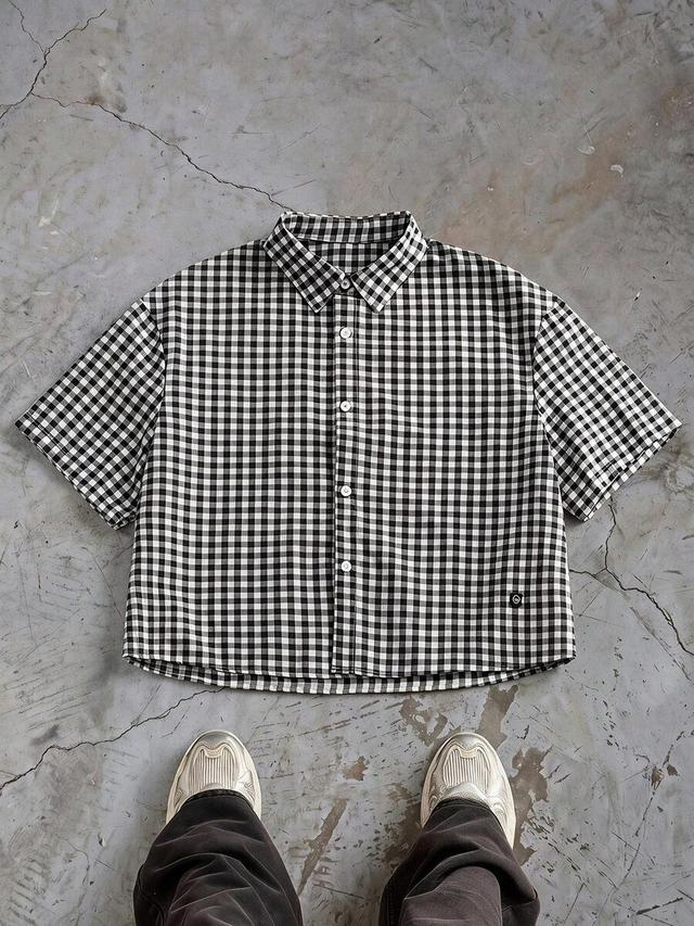 black and white checkered cropped button up shirt