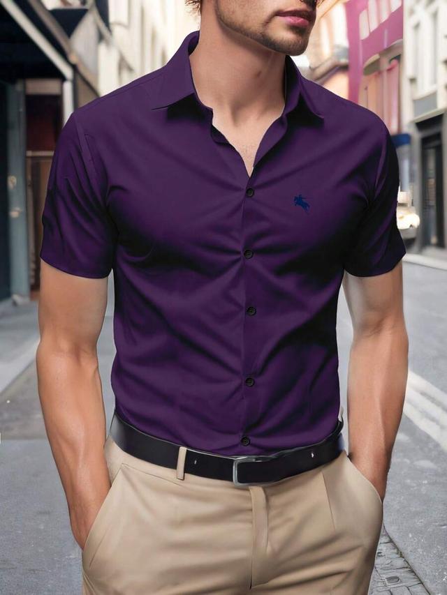 purple short sleeve casual formal shirt with embroidery