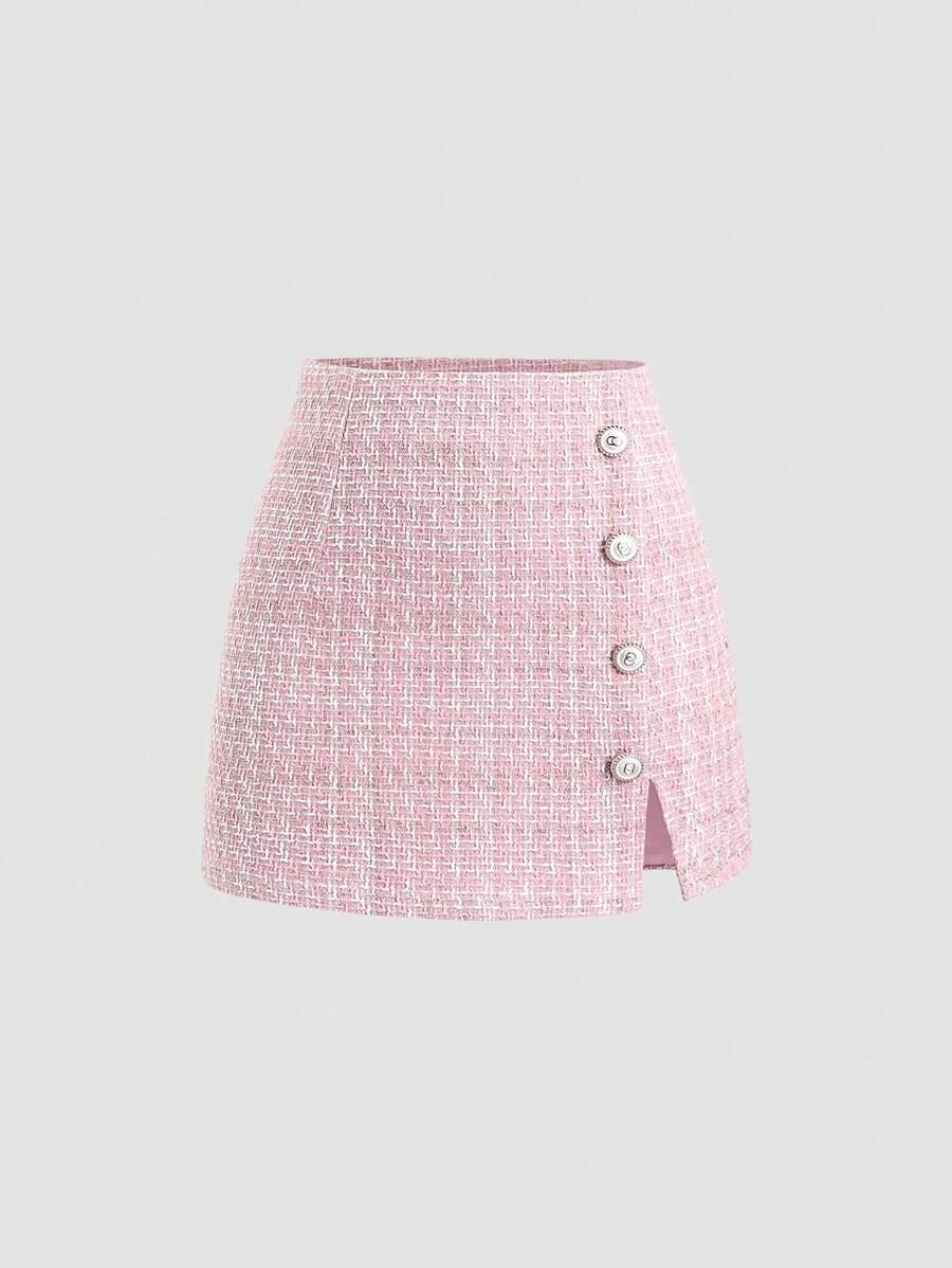 pink tweed high waist a-line mini skirt