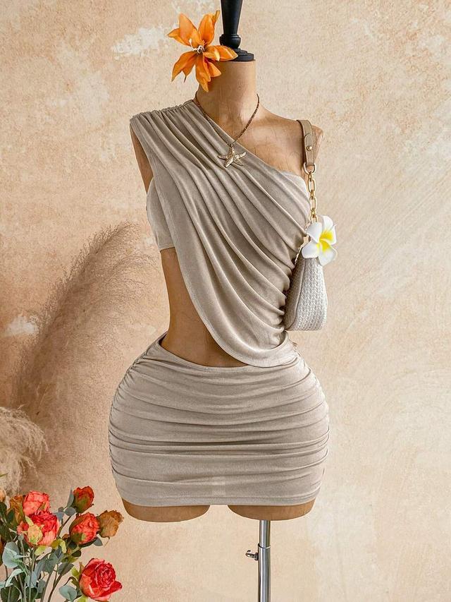 beige sleeveless ruched side cutout mini dress