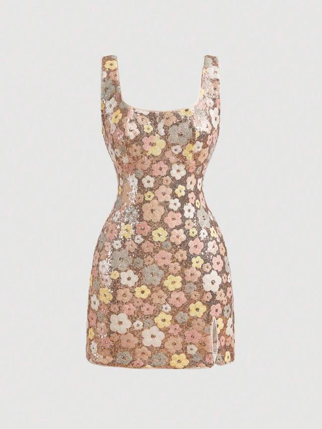 dusty pink floral sequin embroidered mini party dress