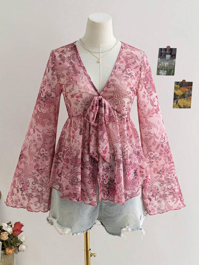 pink paisley print v-neck tie front flared sleeve blouse