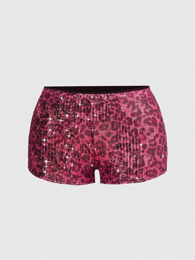 fuchsia leopard print sequin low waist shorts