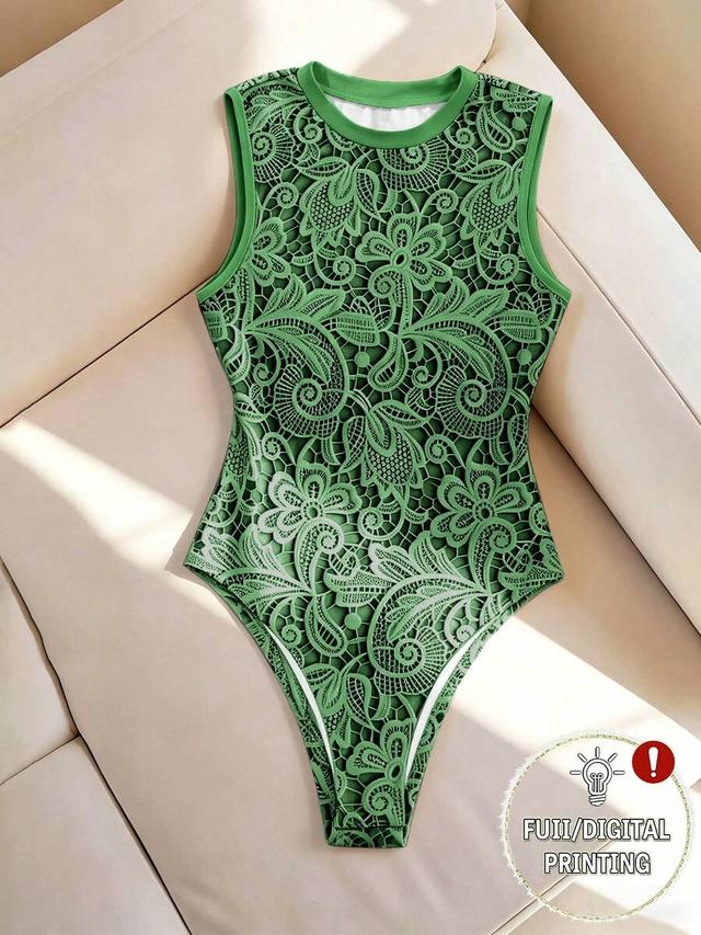 gloweve solid green floral lace sleeveless round neck bodysuit