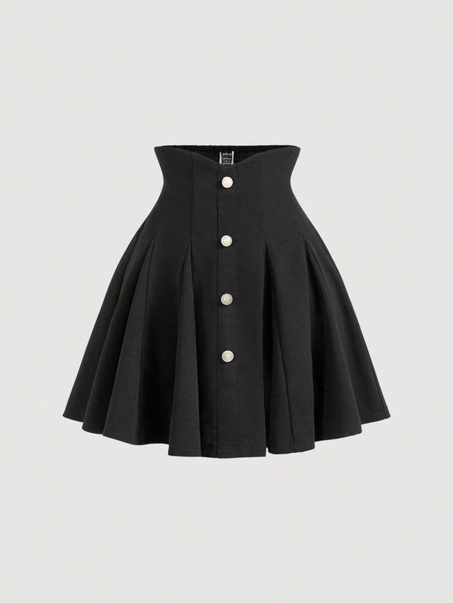 high waist black a-line skirt with faux pearl buttons