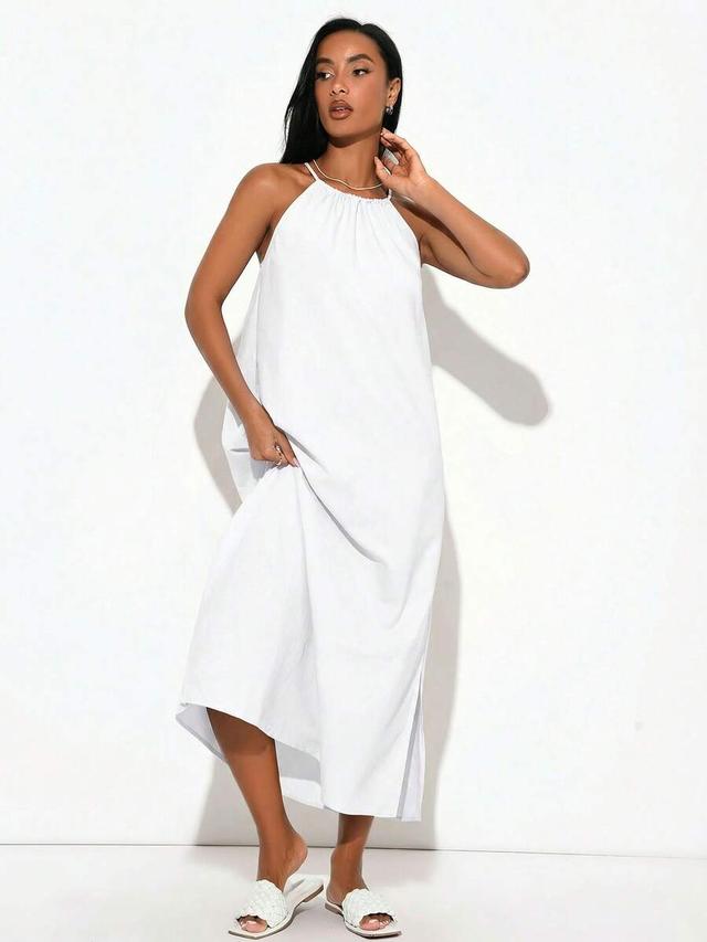 solid white minimalist woven halter neck midi dress