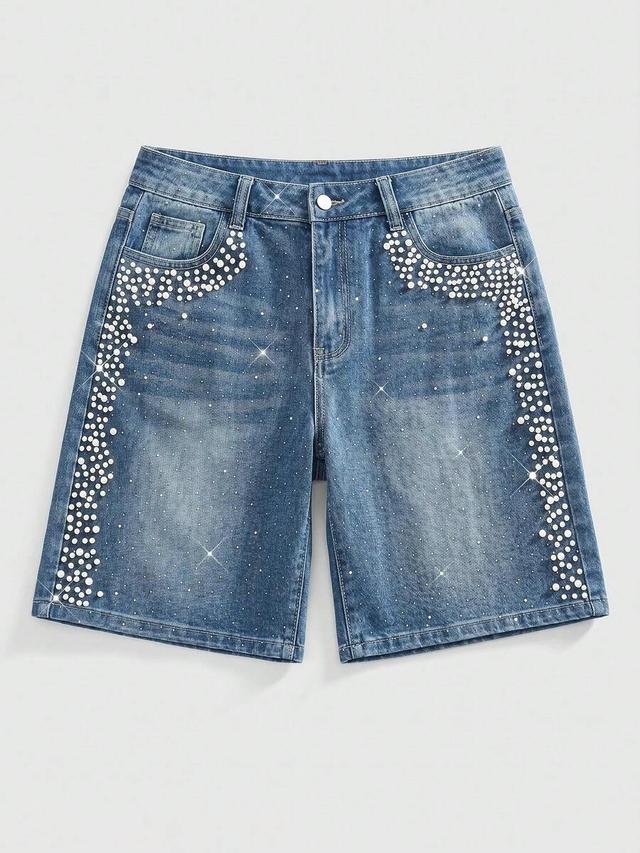 casual denim shorts with rhinestone decor