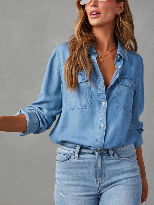 women button down light wash denim shirt