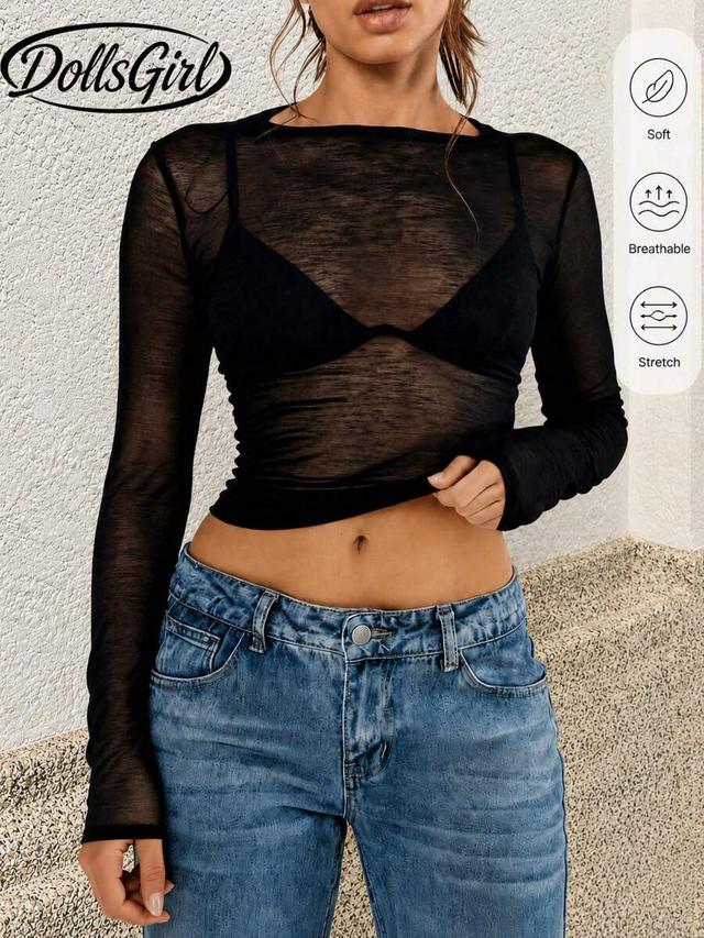 2000s style black sheer long sleeve cropped top