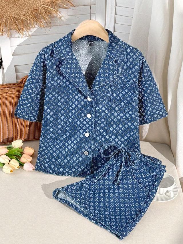 printed denim lapel shirt and shorts set