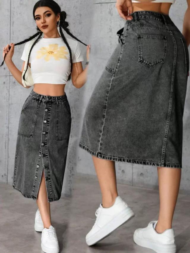 grey acid wash denim midi skirt