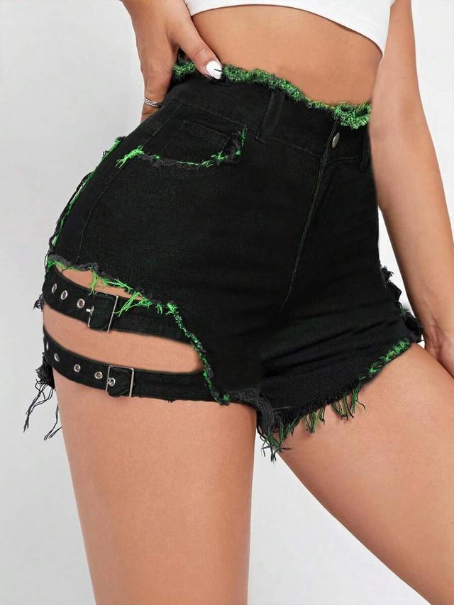 black frayed denim shorts with neon green eyelet straps