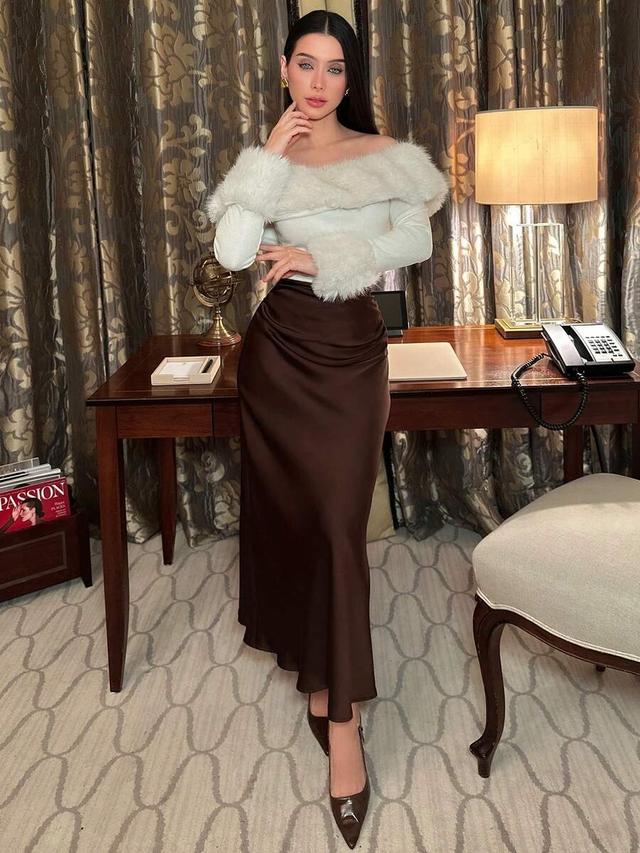white hhfernanda pleated satin midi skirt in brown